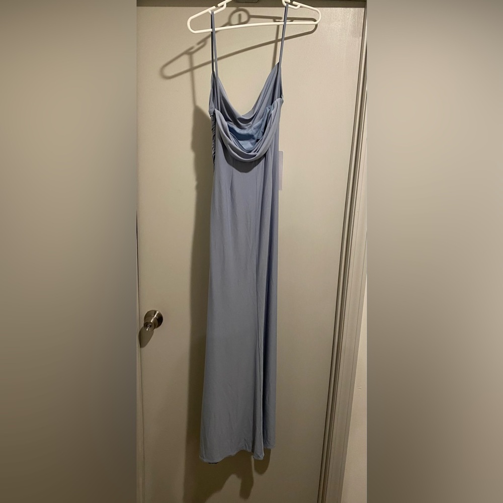 Azazie Sophisticated Gray Draped Midi Dress - Picture 8 of 16